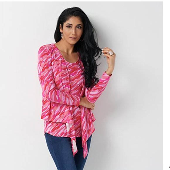Belle by Kim Gravel Tops - Belle by Kim Gravel Printed Slub Knit Shrug and Tank Set Pink Abstract